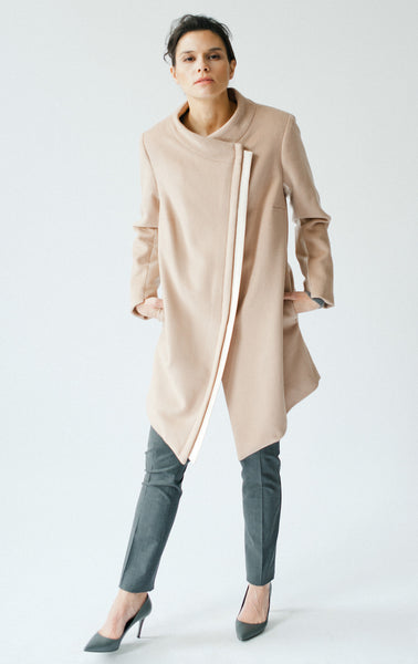 Wool Coat Made in USA Asymmetric Front in Sand - Cocoon by