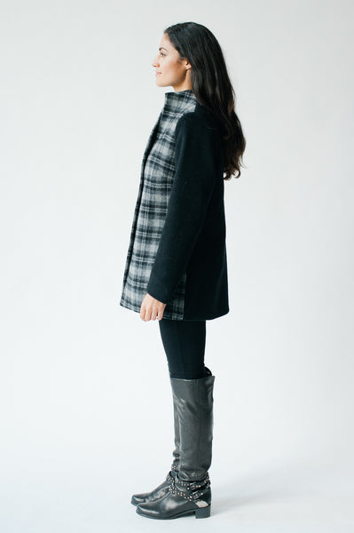 Classic styling in a plaid car length coat