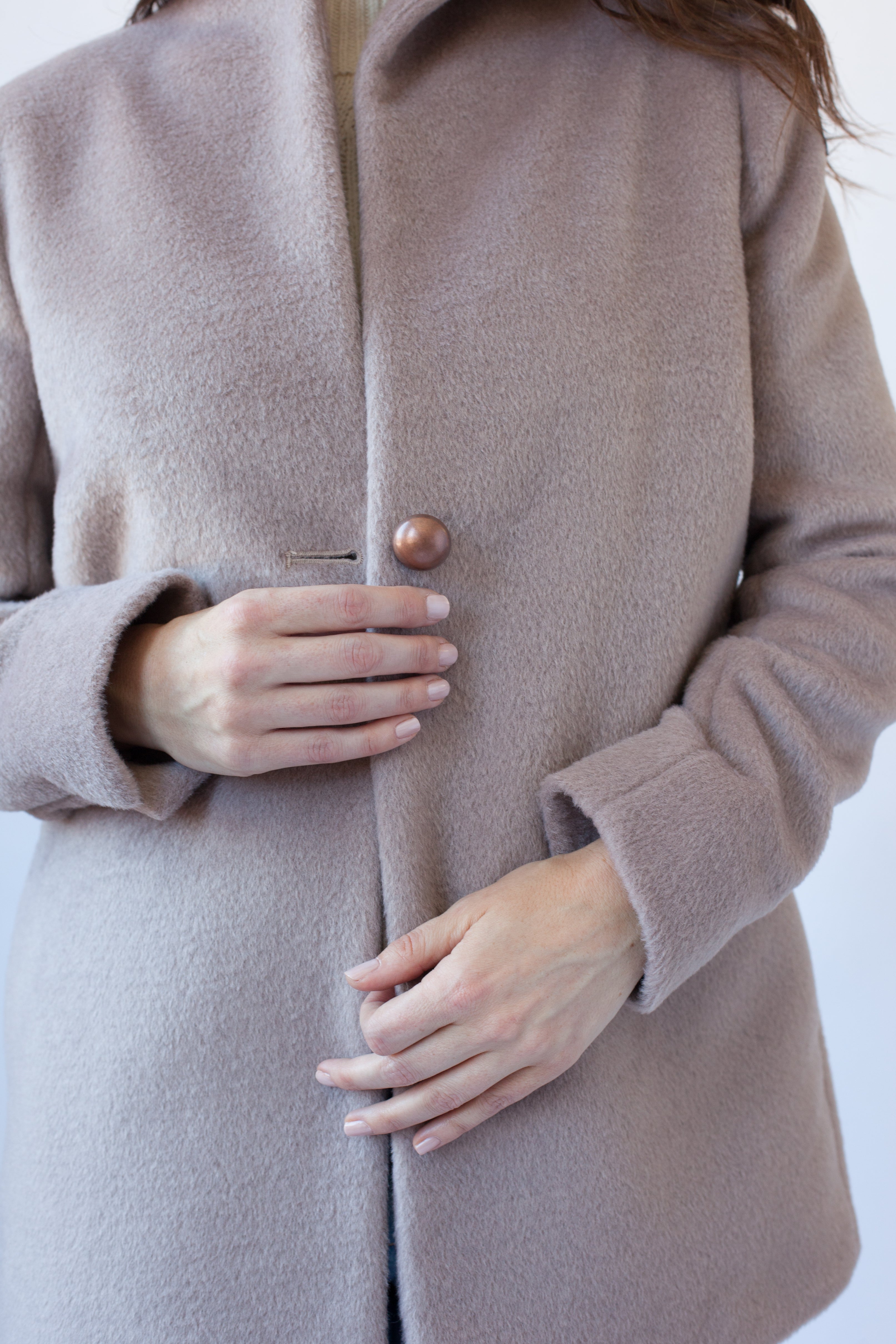 Wool alpaca Coat in Cappuccino. Classic single button silhouette