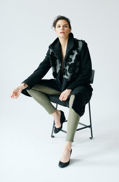 Two tone classic winter coat by designer Elizabeth Geisler