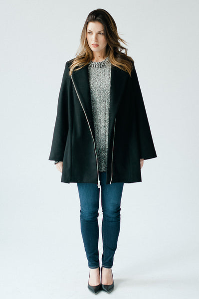 Designer cape coat in black